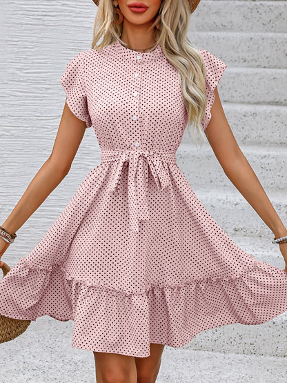 Polka Dots Lotus Leaf Sleeves A-line Skirt Lace Up Mini&Short Dresses