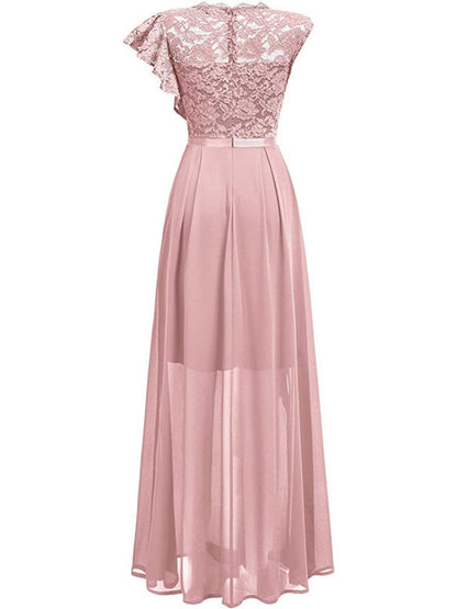 Lace Cutout Lace Patchwork Short-sleeved Long Dress