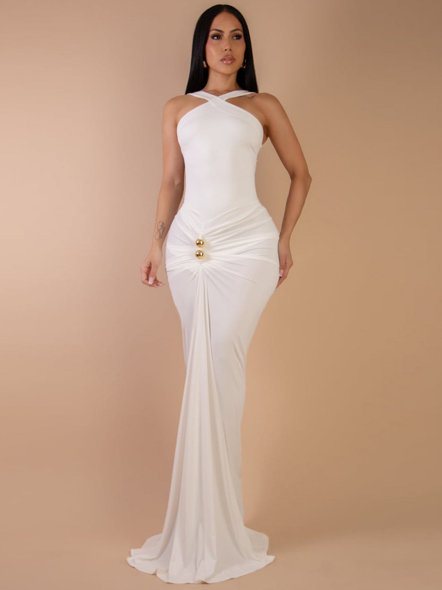 Metal Decoration Cross Shoulder Straps Hip Wrap Pleated Maxi Dresses