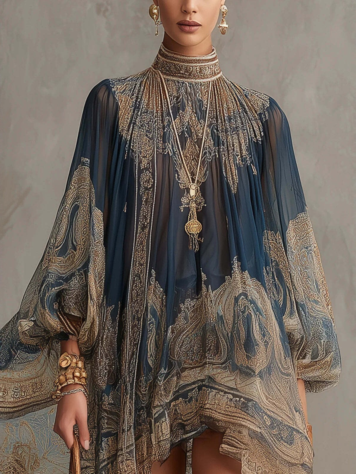 High-neck Printed Chiffon Loose-fitting Resort-style Shawl Long-sleeved Short Dress