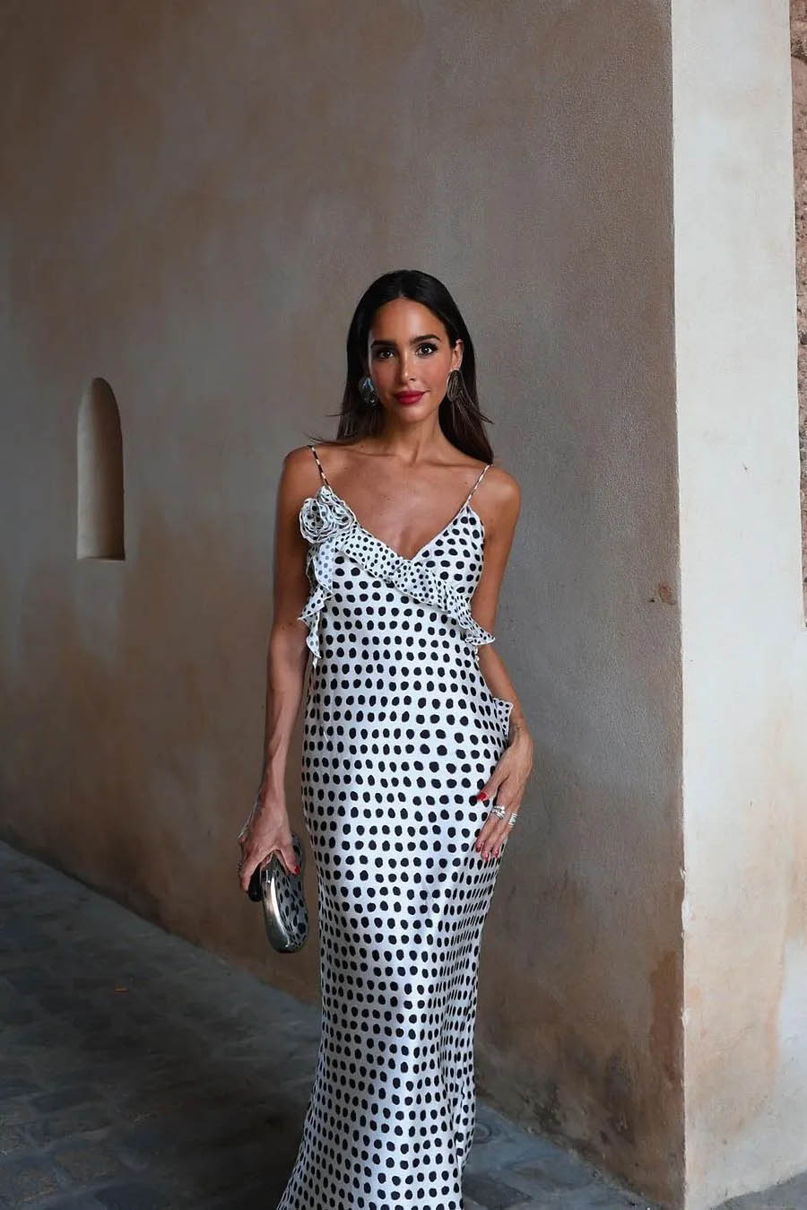 Polka Dot Print Deep V-Neck Asymmetric Ruffle Spaghetti Strap Bodycon Maxi Dress