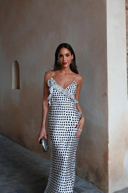 Polka Dot Print Deep V-Neck Asymmetric Ruffle Spaghetti Strap Bodycon Maxi Dress