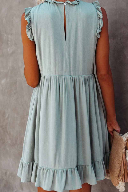 Ruffle Trim Crew Neck Empire Waist Babydoll Tiered Mini Dress