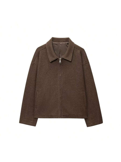 Autumn Minimalist Wool Blend Zip Lapel Jacket