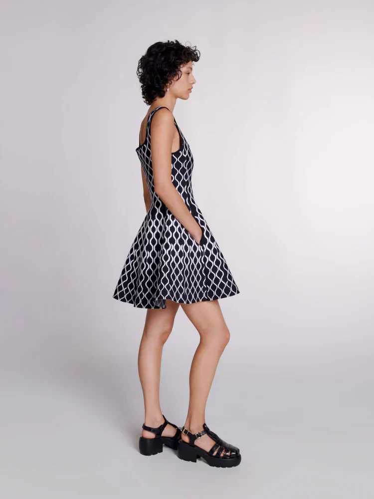 Square Neck Sleeveless Abstract Wave Print Fit and Flare Knit Mini Dress