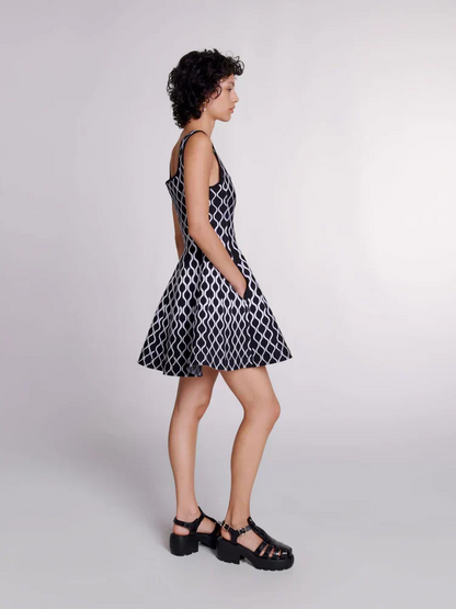 Square Neck Sleeveless Abstract Wave Print Fit and Flare Knit Mini Dress