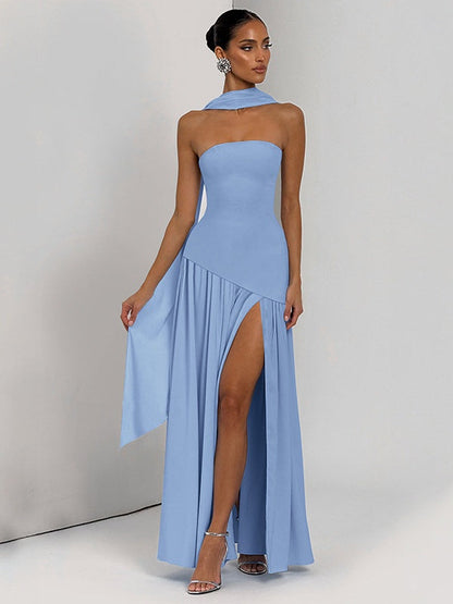 Strapless, Fitted, Solid Color, Open Back, Elegant Long Dress With Ribbons