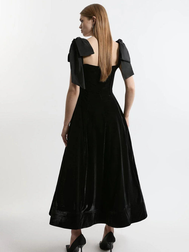 Square Neck Tie Shoulder Bow Detail Velvet Ballgown Maxi Dress