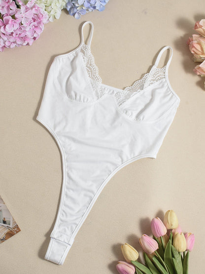 Lace Trim High Elasticity In Crotch Hollow-out High Waist Bodysuits