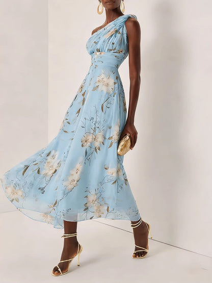 One Shoulder Grace Floral Print Chiffon Vacation Reunion Maxi Dresses