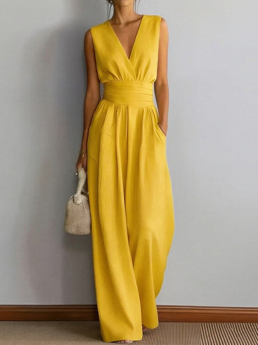 V-neck Waist Wide-leg Pants Sleeveless Temperament Grace Commuting Jumpsuits