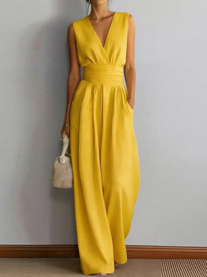 V-neck Waist Wide-leg Pants Sleeveless Temperament Grace Commuting Jumpsuits