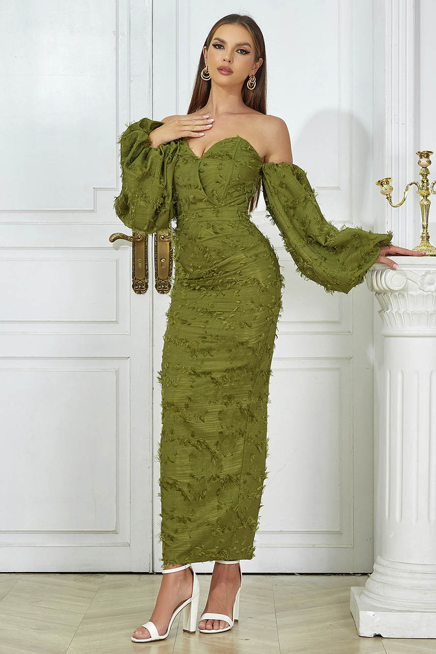 Off-the-Shoulder Fringe Knit Balloon Sleeve Back Slit Maxi Dress