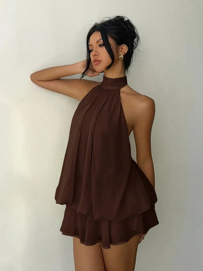 Neck Strap Backless Ruffle Mini&Short Dresses