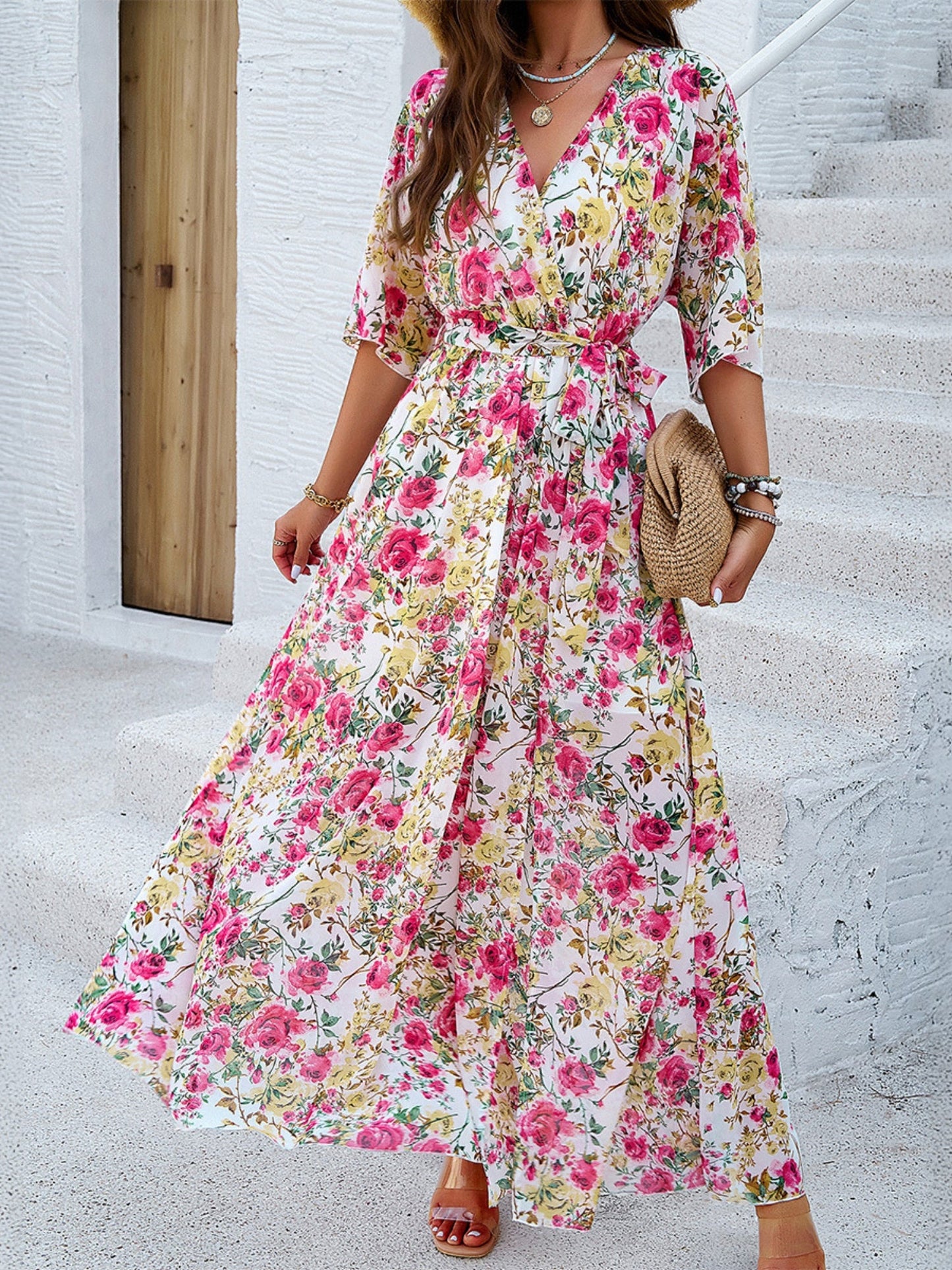 Printed Straps V-neck Short Sleeve Slit Maxi Dresses