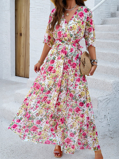 Printed Straps V-neck Short Sleeve Slit Maxi Dresses