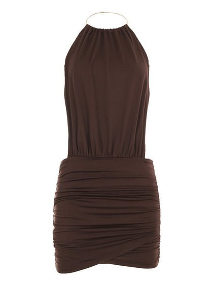 Metal Ring Halter-neck Sleeveless Backless Splicing Hip Wrap Mini&Short Dresses