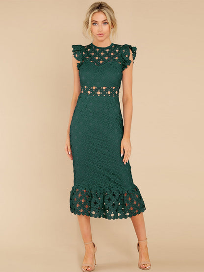 Lace Trim Hollow Out Hip Wrap Maxi Dresses