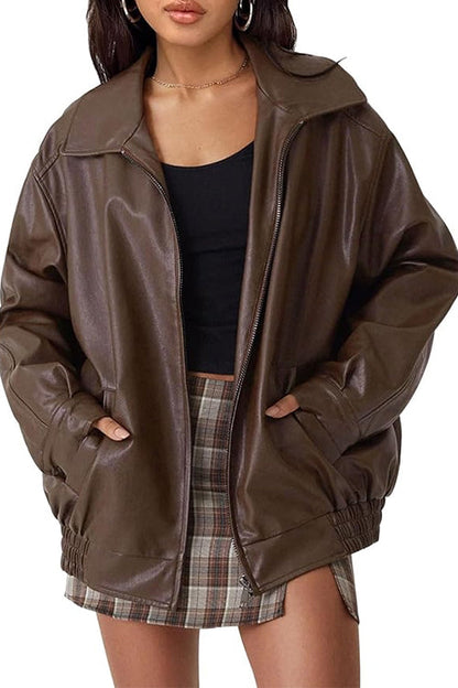 Margovil Lapel Zip Up Faux Leather Pocketed Jacket