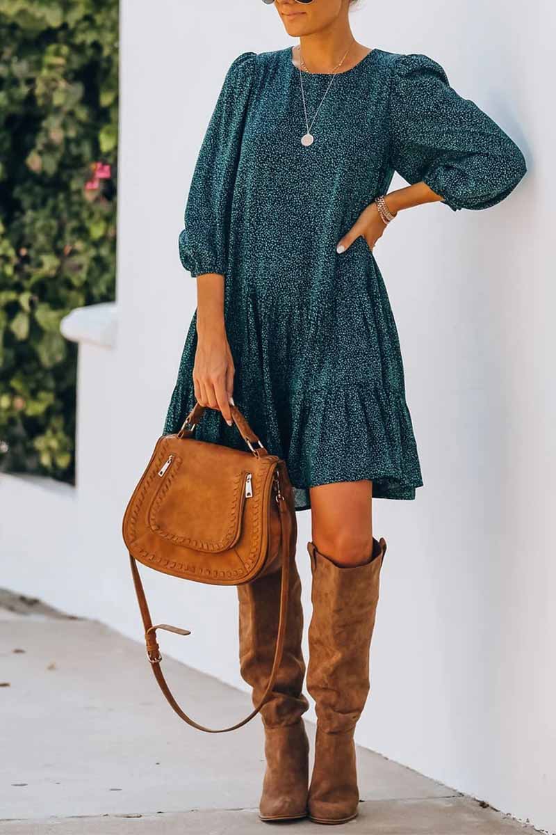 Ditsy Print Crew Neck Balloon Sleeve Tiered Babydoll Mini Dress