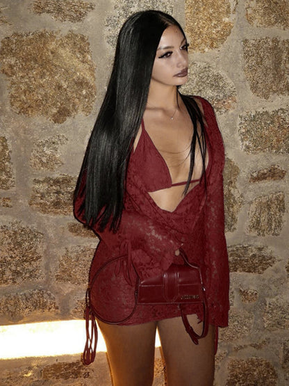 Bandage Lace Bra Draped Collar Dress Set 2-piece Sets