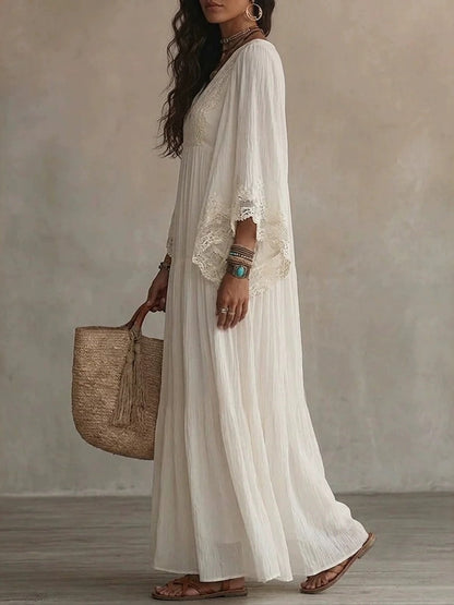 Batwing Sleeves V-neck Lace Stitching Beach Dress Seaside Smock Maxi Dresses
