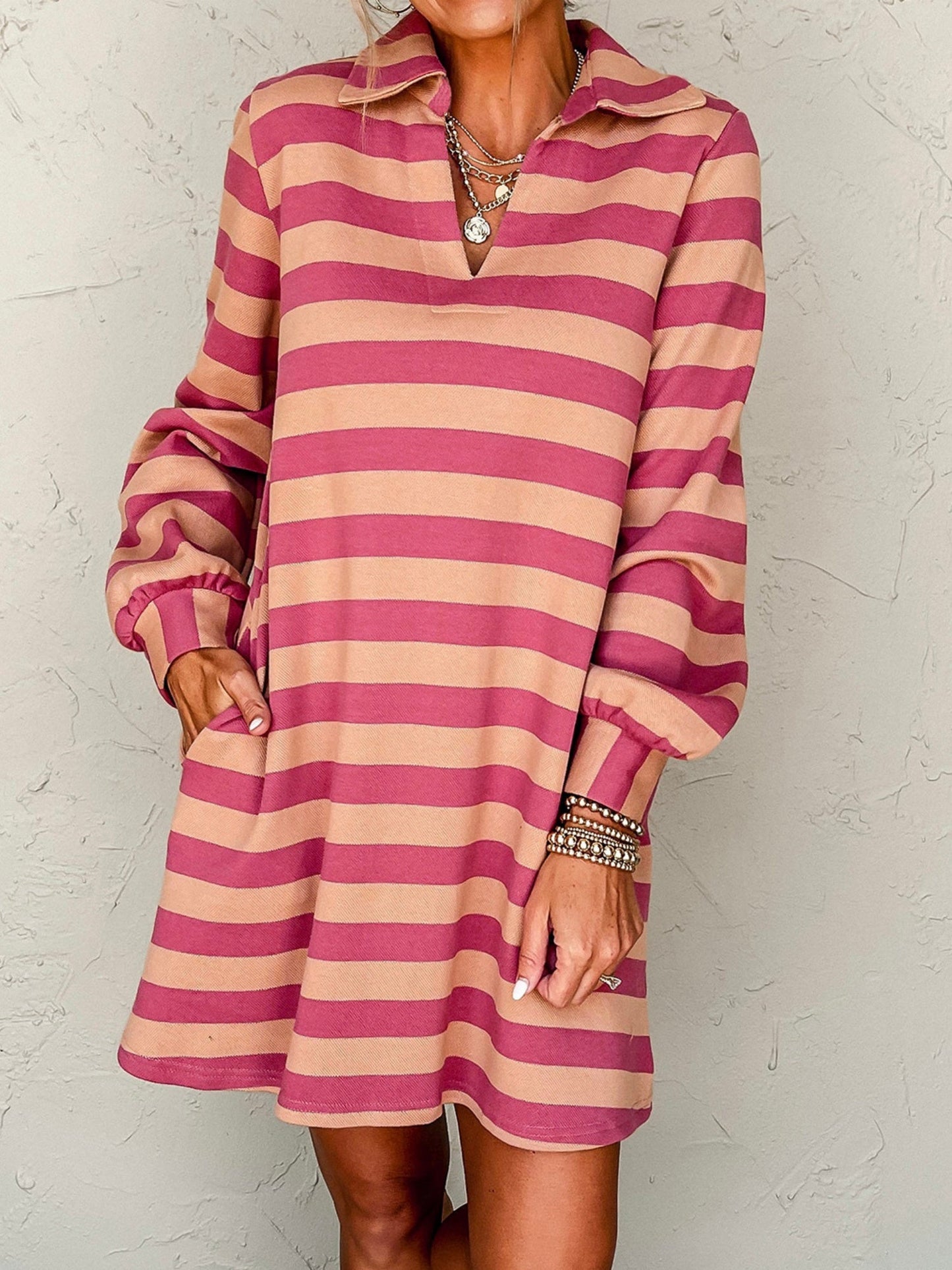 Stripes Color Matching Polo Collar Pocket Long-sleeved Midi Dress