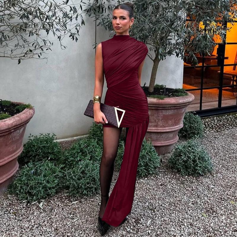 Slim fit pleated ribbon evening dress