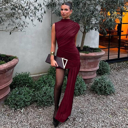 Slim fit pleated ribbon evening dress