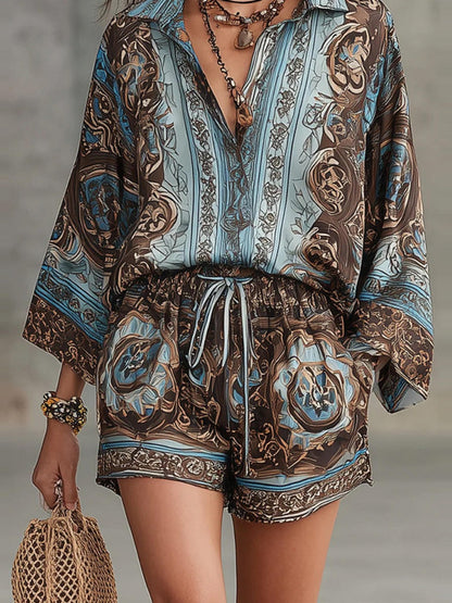 Printed Long Sleeve Shirts Loose-fit Shorts Set 2-piece Sets