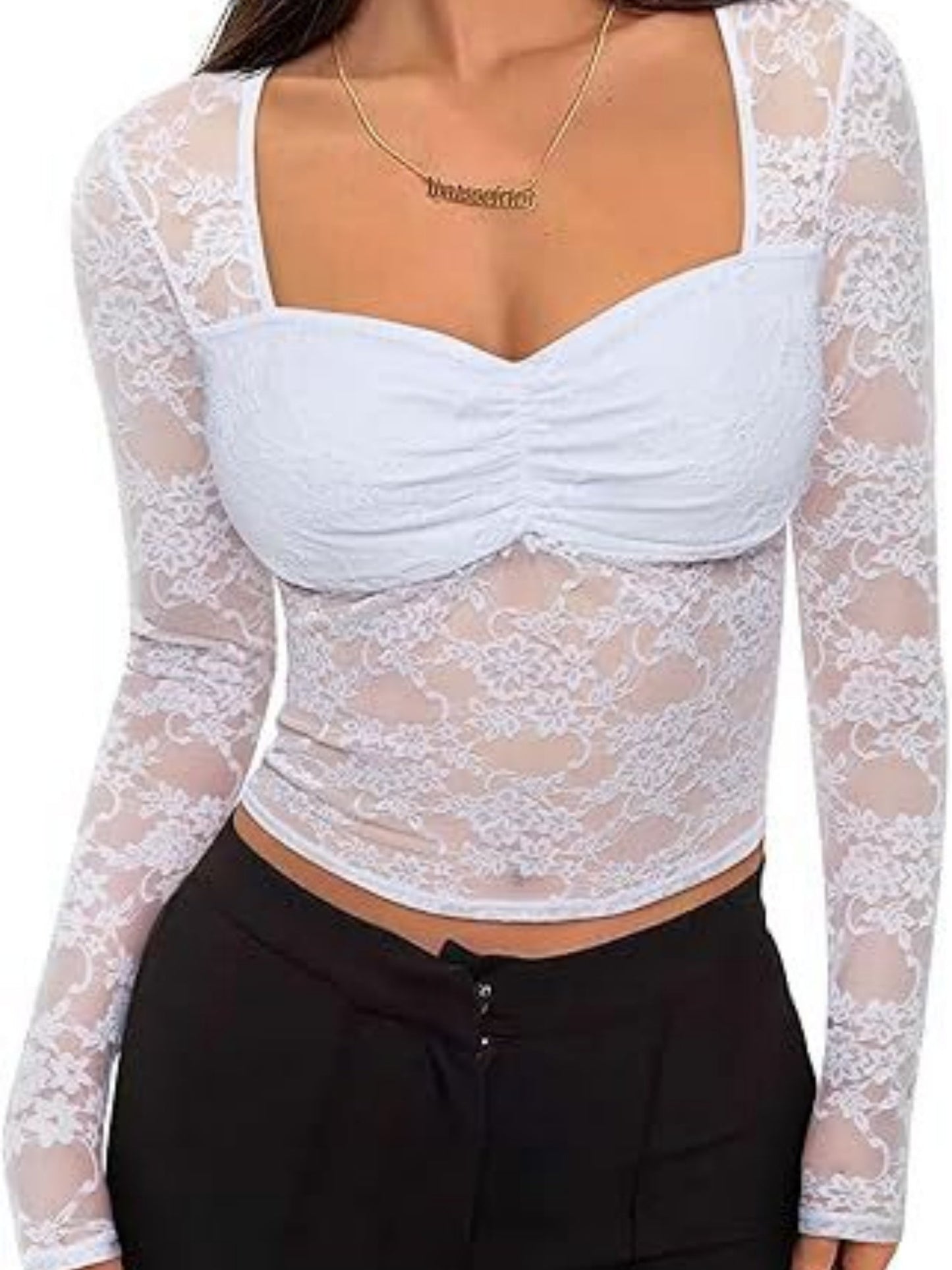 Lace See-through Square Neckline And Fitted Waist Long-sleeved T-shirt