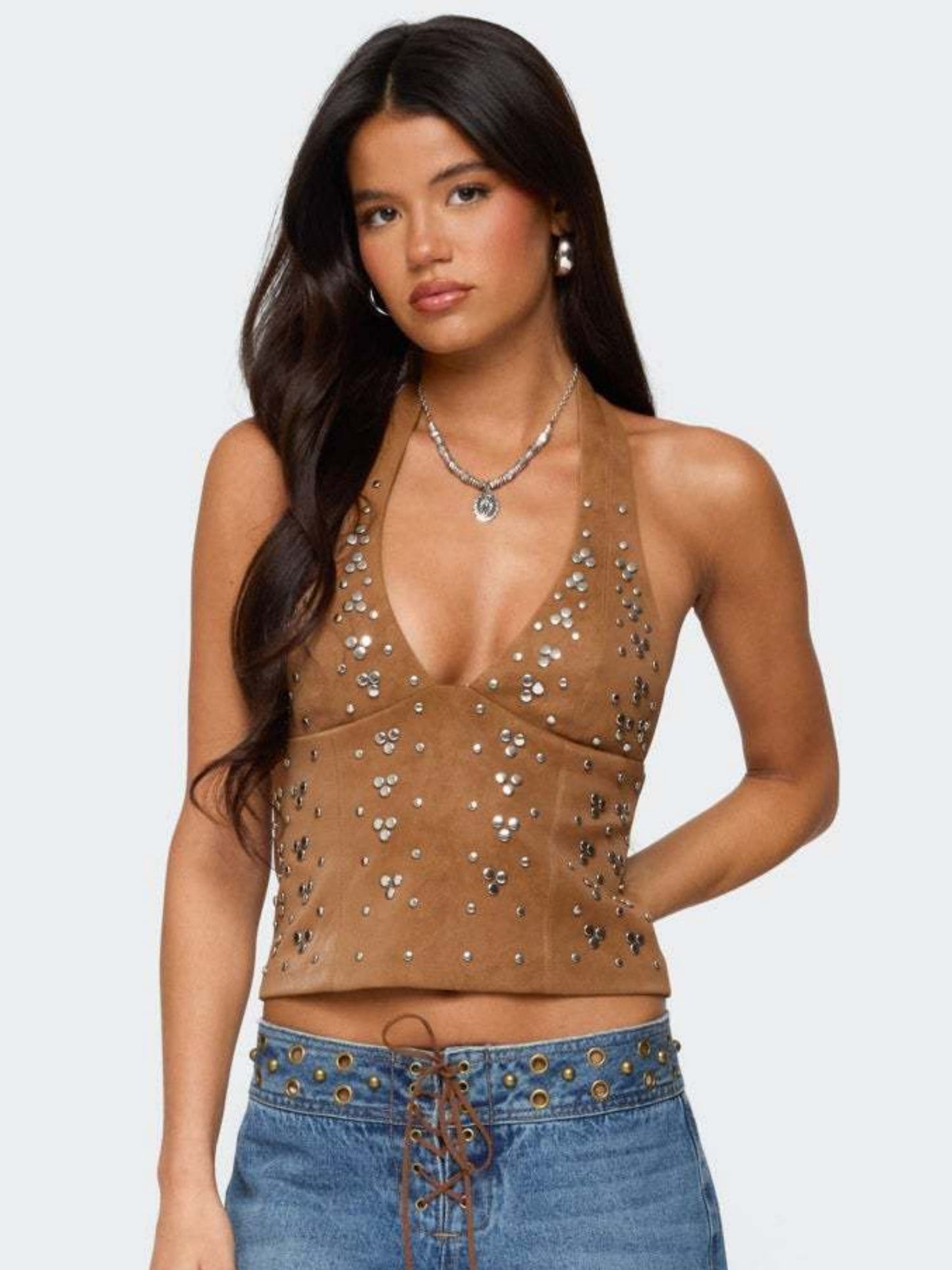 Rivets V-neck Halter Neck Backless Tank Tops