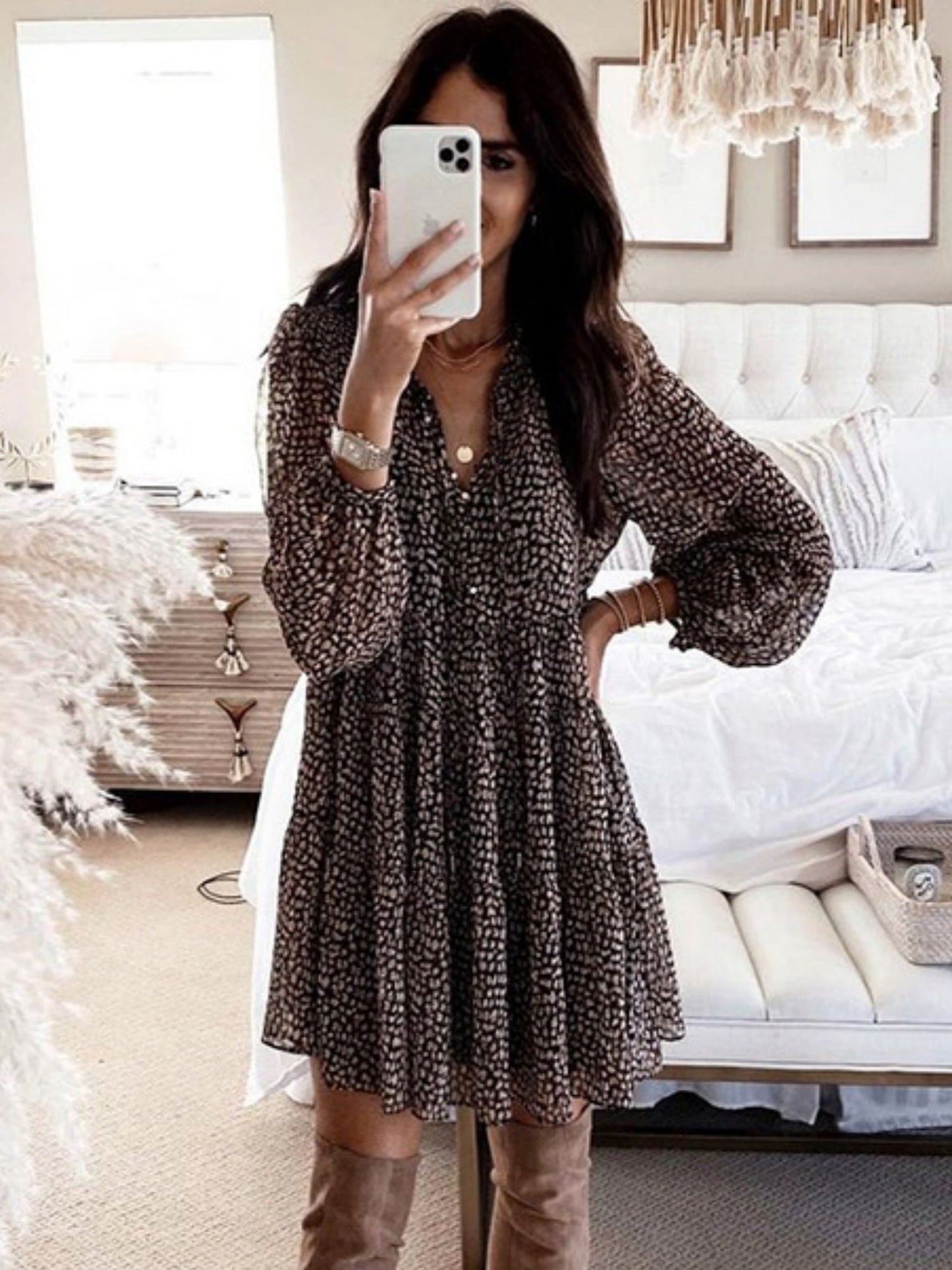 Leopard Print Balloon Sleeve V-neck Full Skirt Mini&Short Dresses