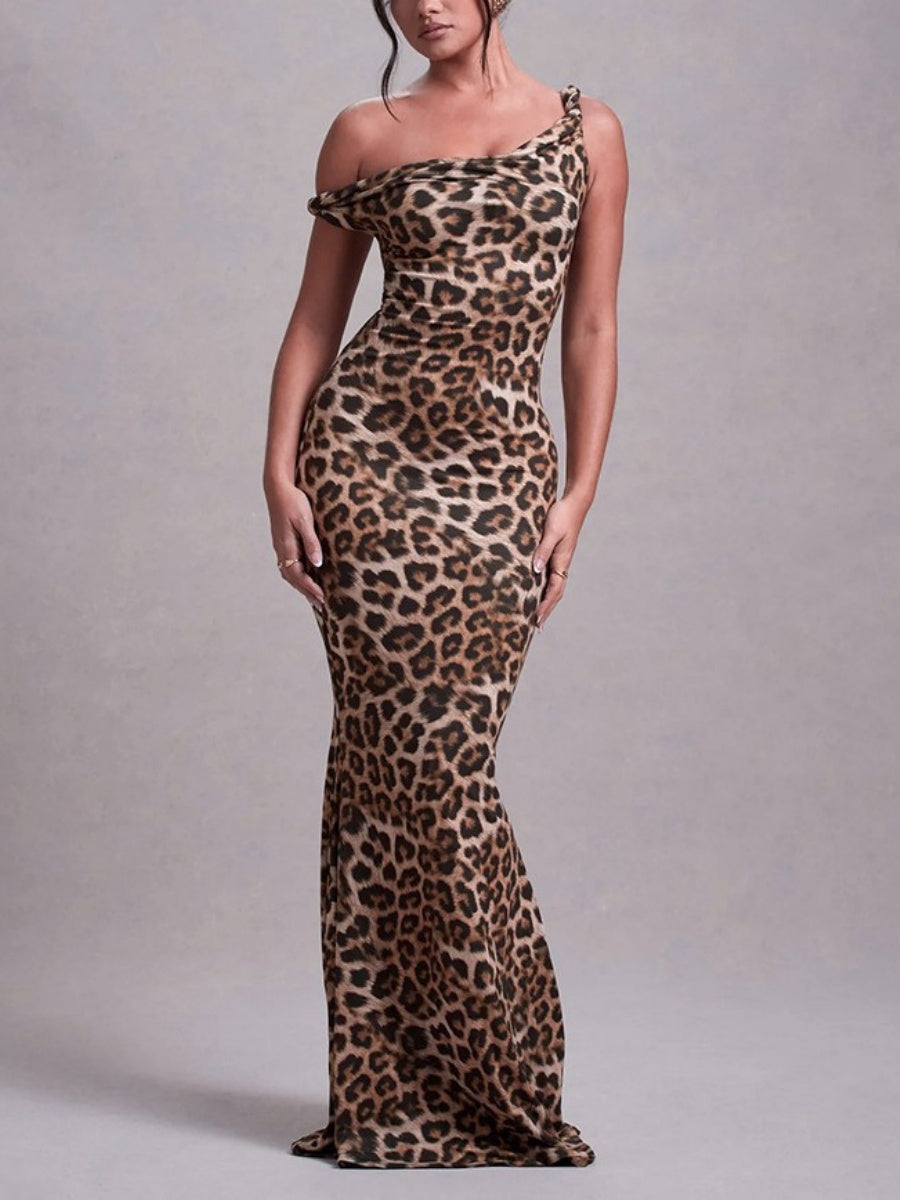 Milk Silk Leopard Print Printed Slim-fit Hip-hugging Maxi Dresses