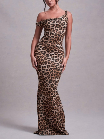 Milk Silk Leopard Print Printed Slim-fit Hip-hugging Maxi Dresses