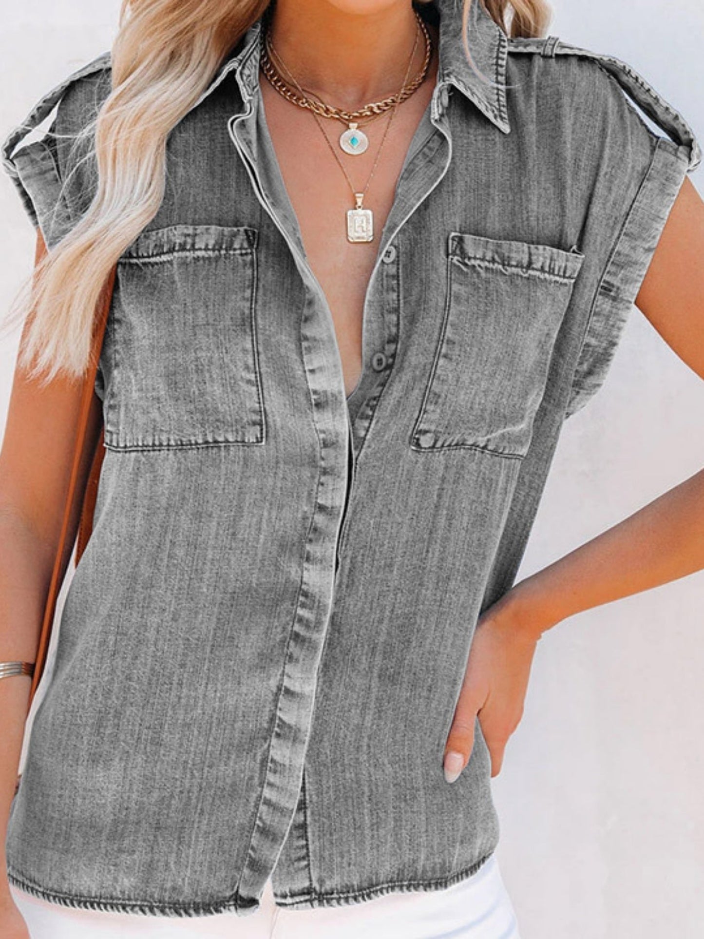 Denim Lapel Pocket Buttons Short-sleeved Shirt