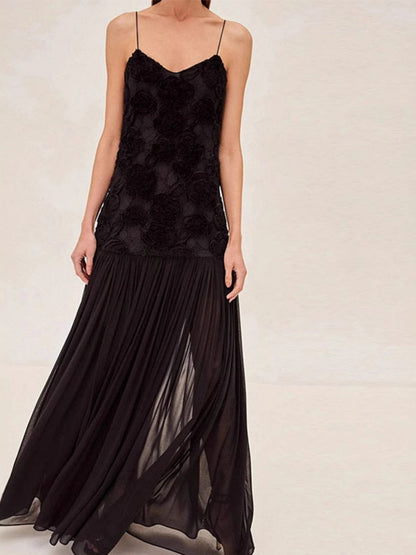 Sleeveless Floral Embellished Spaghetti Strap Maxi Dress