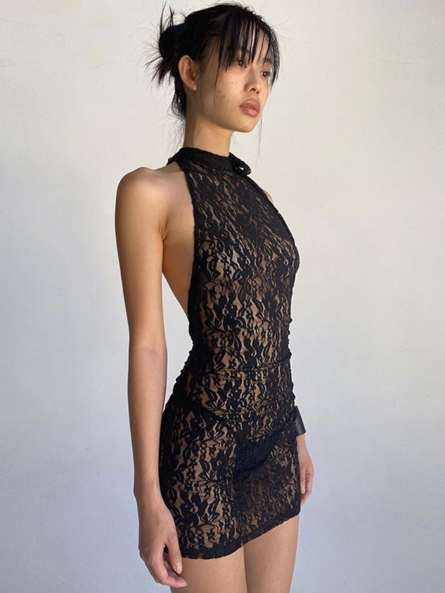 Black Lace Halter-neck Mini Dress With Exposed Hips