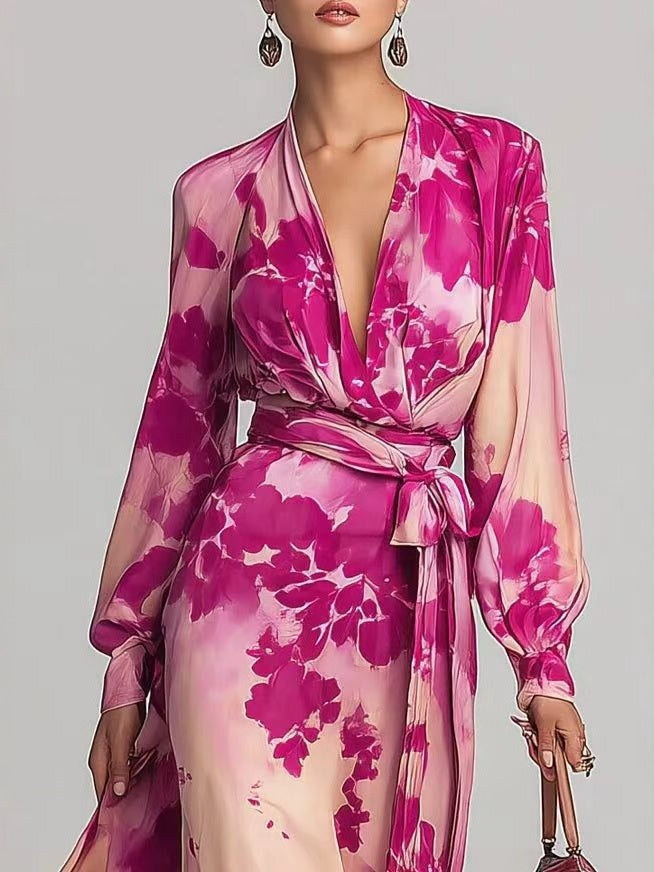 Floral Chiffon Long-sleeved V-neck Tie-waist Maxi Dress