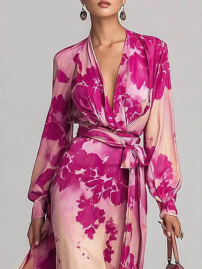 Floral Chiffon Long-sleeved V-neck Tie-waist Maxi Dress
