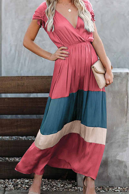 Wrap-Front V-Neck Tie Shoulder Tiered Colorblock Satin Maxi Dress