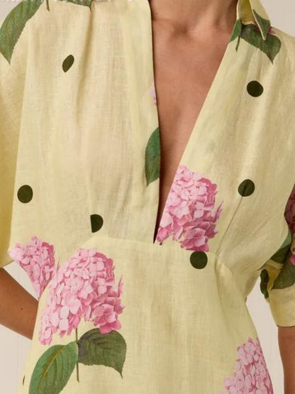 Printed V-neck Short Sleeve Waist Shaping Maxi Dresses