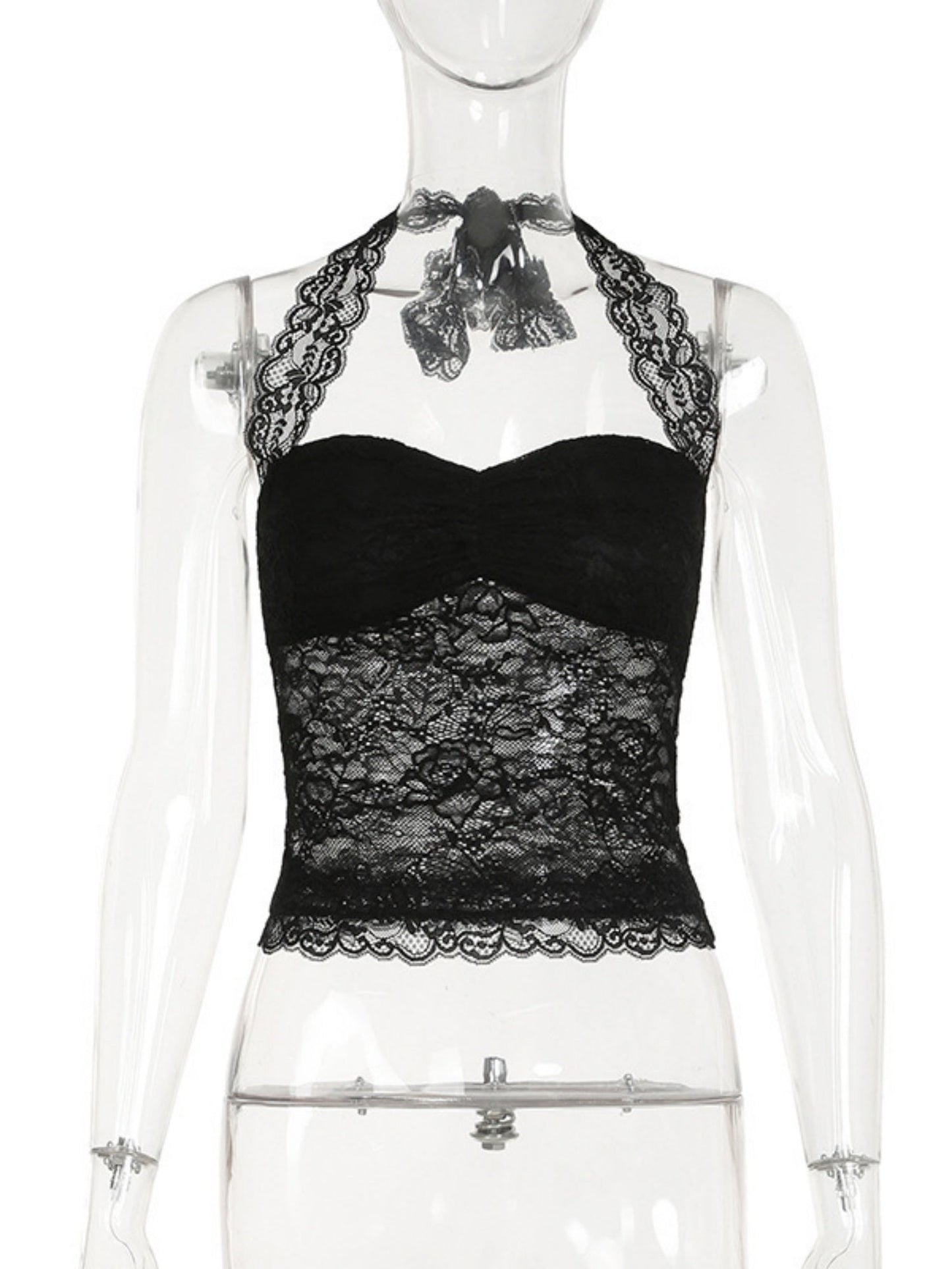 Lace Halter Neck Strap Pleated Backless Tank Tops