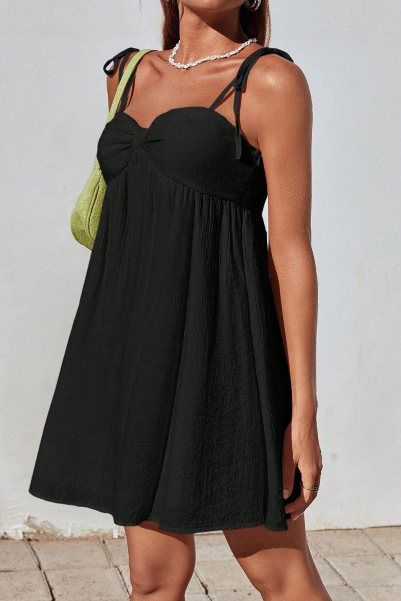 Tie Shoulder Sweetheart Crinkled Texture Babydoll Mini Dress