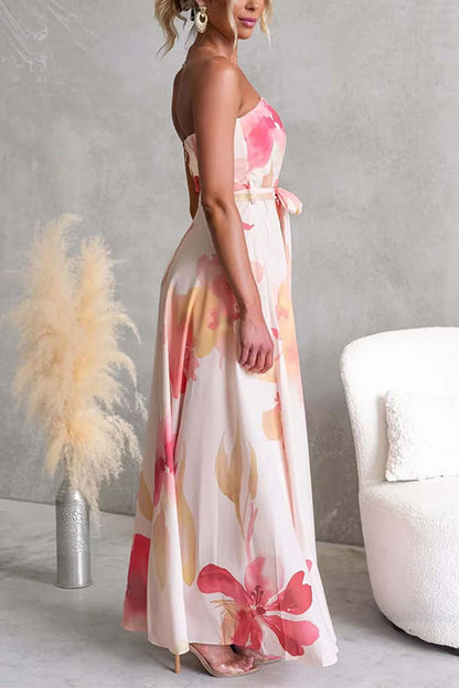 Strapless Tube Tie Waist Floral Print Maxi Dress