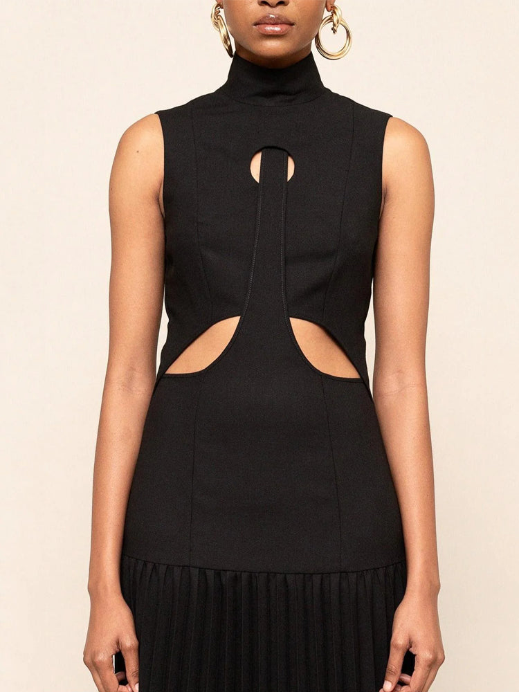 Mock Neck Sleeveless Keyhole Cutout Accordion Pleated Maxi Dress