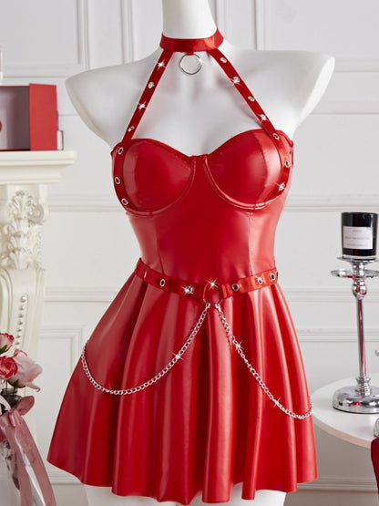 Patent Leather Hollowed-out Halter Neck Backless Chain Mini&Short Dresses