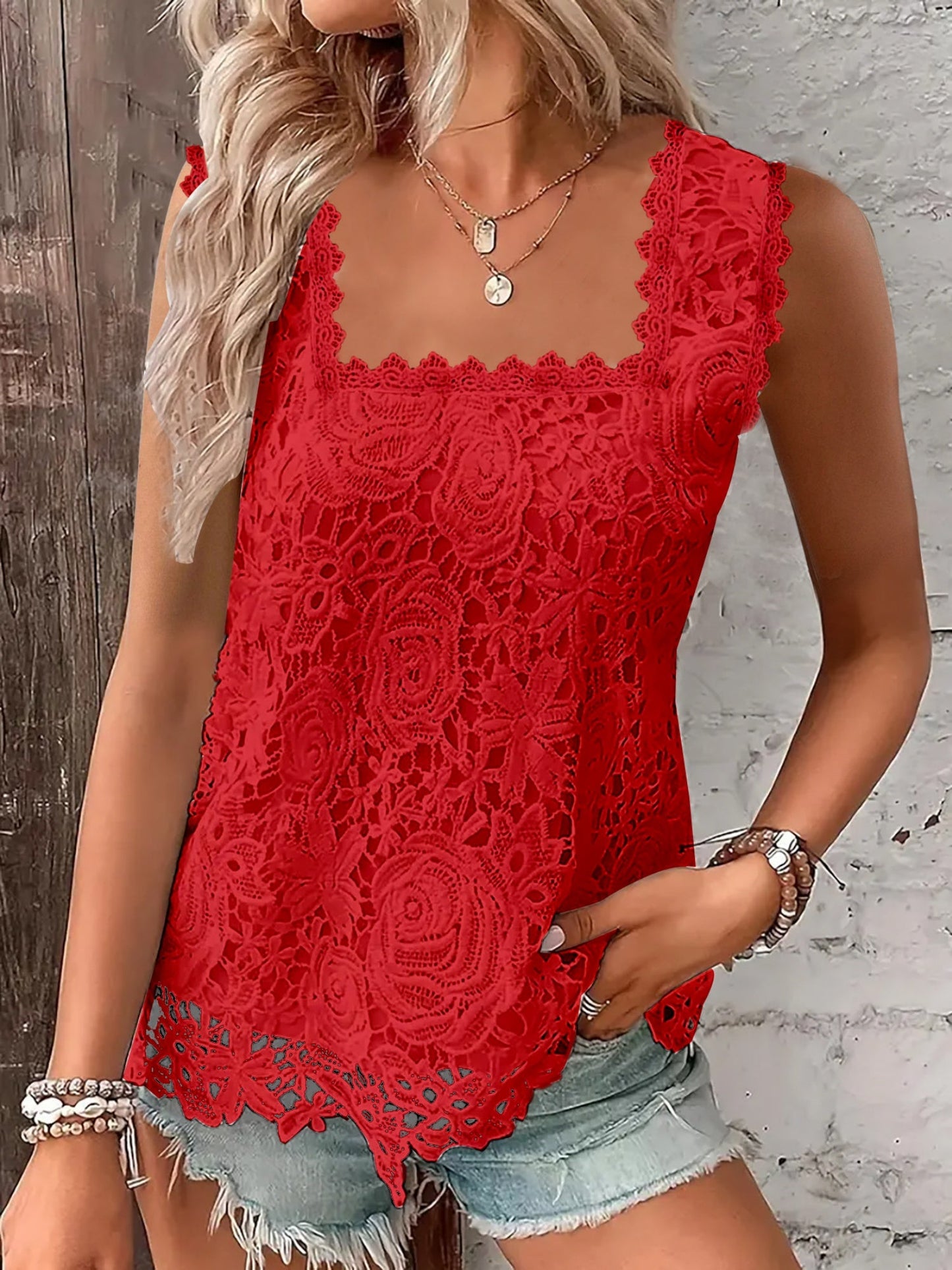 Lace Trim Square Collar Tank Tops&Camis