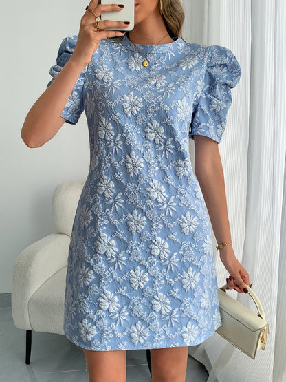 Flower Jacquard Round Neck Puff Sleeves Mini&Short Dresses