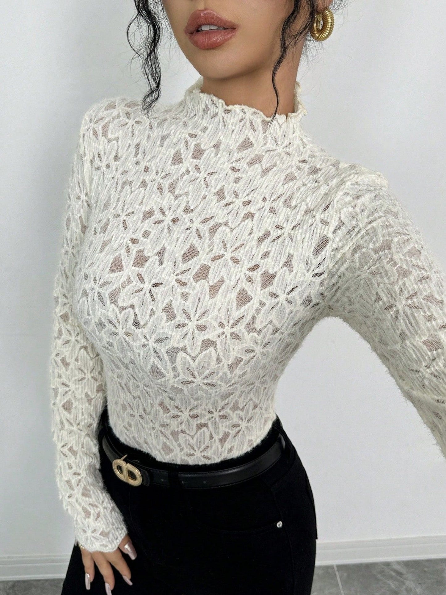 Lace Flowers Perspective High Collar Slim Fit Long-sleeved T-shirt